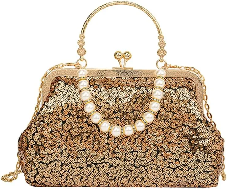 1920s Vintage Evening Clutch Bag Sparkly Sequin Handbag for Women Bridal Wedding Purse Beaded Pearl Shoulder Bag