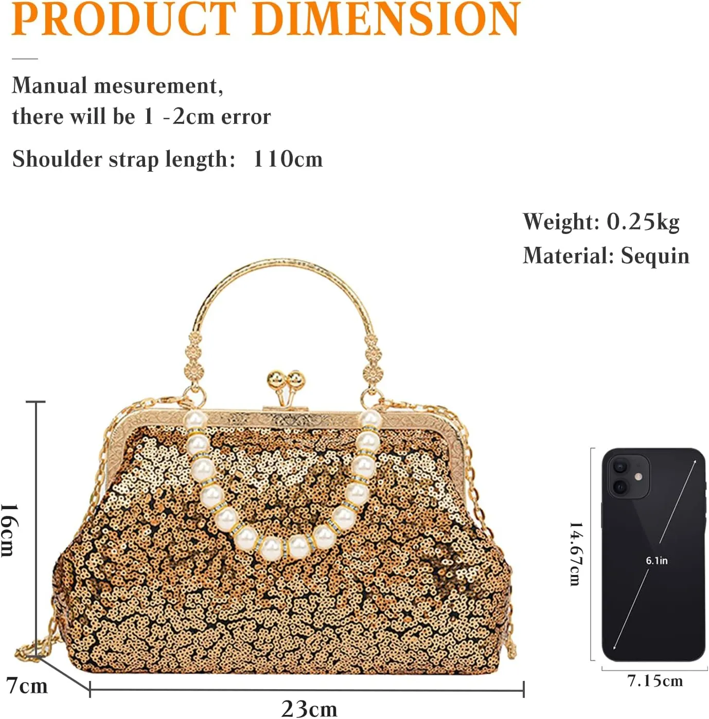 1920s Vintage Evening Clutch Bag Sparkly Sequin Handbag for Women Bridal Wedding Purse Beaded Pearl Shoulder Bag