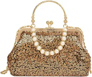 1920s Vintage Evening Clutch Bag Sparkly Sequin Handbag for Women Bridal Wedding Purse Beaded Pearl Shoulder Bag