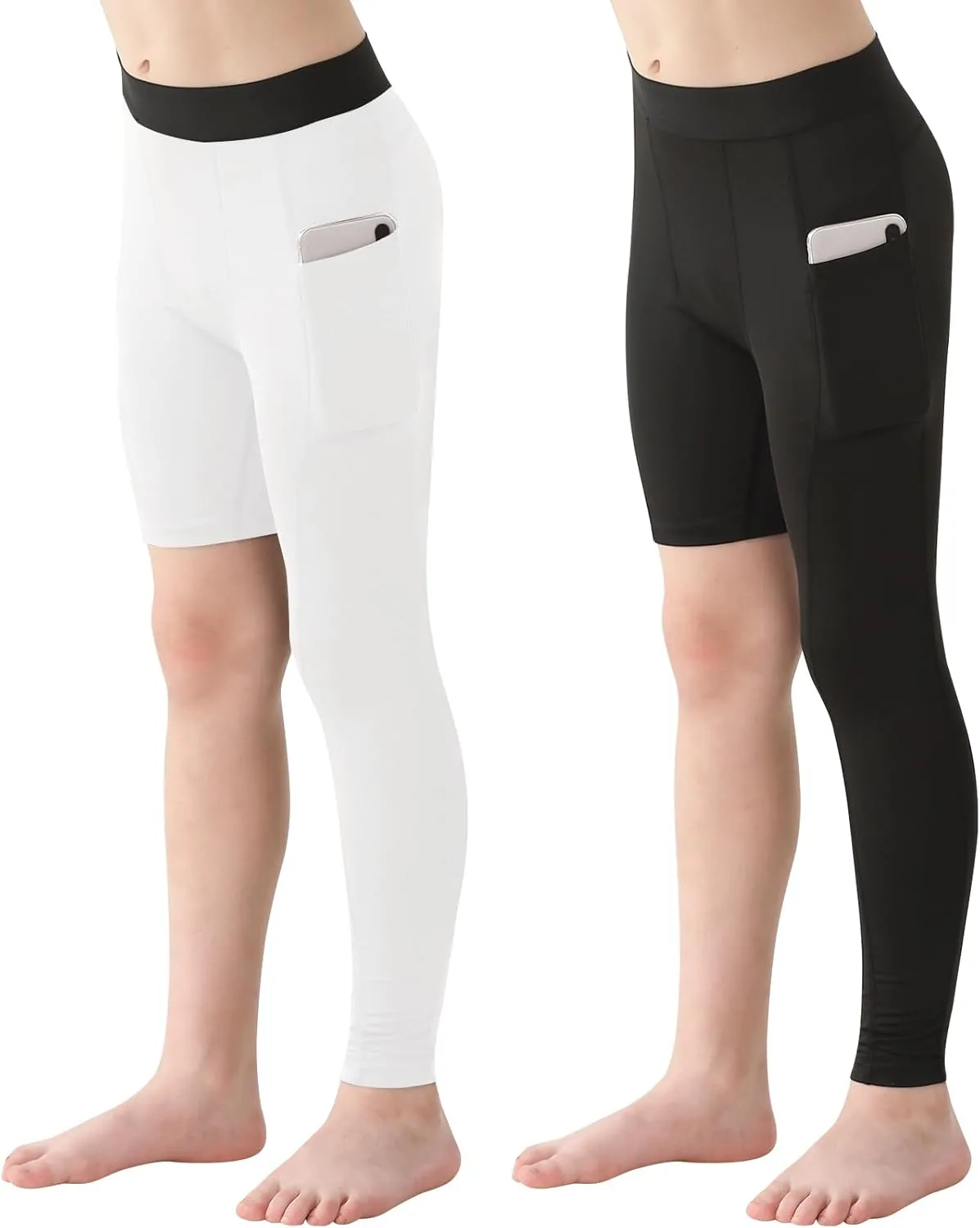 2 Pack Boys Youth One Leg 3/4 Compression Pants Tights for Basketball Running Capris Gym Athletic Base Layer Leggings