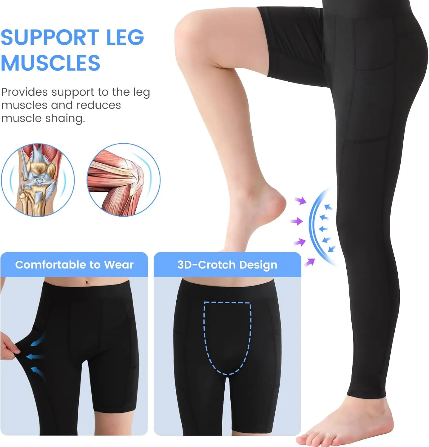 2 Pack Boys Youth One Leg 3/4 Compression Pants Tights for Basketball Running Capris Gym Athletic Base Layer Leggings