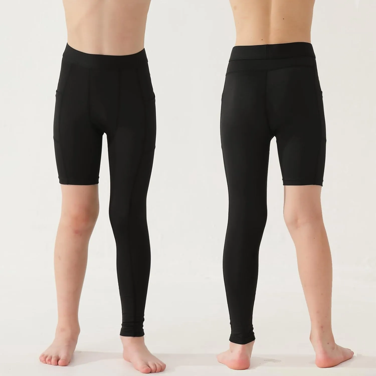 2 Pack Boys Youth One Leg 3/4 Compression Pants Tights for Basketball Running Capris Gym Athletic Base Layer Leggings