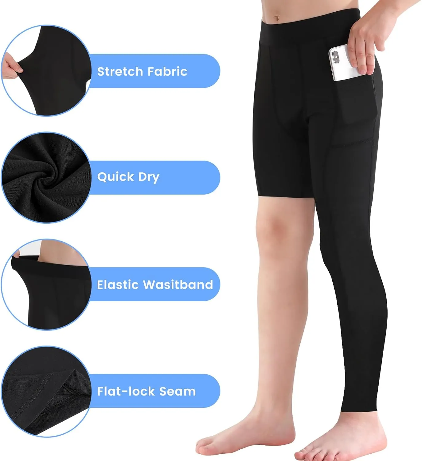 2 Pack Boys Youth One Leg 3/4 Compression Pants Tights for Basketball Running Capris Gym Athletic Base Layer Leggings