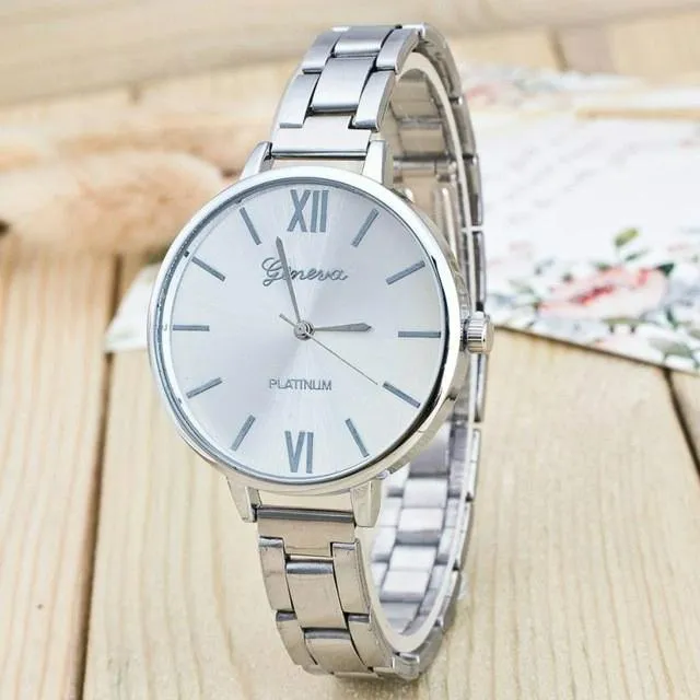 2 Pcs Women Large Dial Stainless Steel Fine Strap Quartz Watch