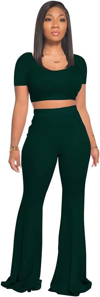 2 Piece Outfits for Women Workout Sets - Sexy Crop Top   High Waisted Flared Long Pant Sets Track Suits Yoga Sports