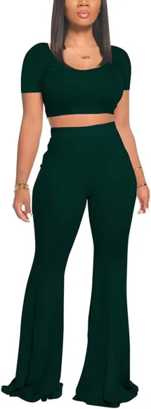 2 Piece Outfits for Women Workout Sets - Sexy Crop Top   High Waisted Flared Long Pant Sets Track Suits Yoga Sports