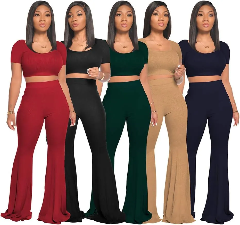 2 Piece Outfits for Women Workout Sets - Sexy Crop Top   High Waisted Flared Long Pant Sets Track Suits Yoga Sports
