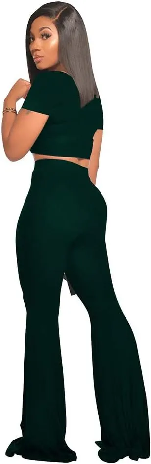 2 Piece Outfits for Women Workout Sets - Sexy Crop Top   High Waisted Flared Long Pant Sets Track Suits Yoga Sports