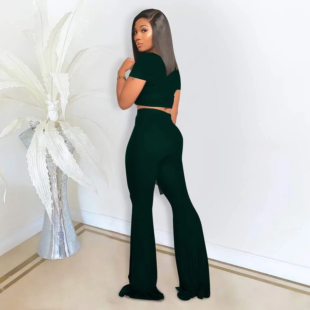 2 Piece Outfits for Women Workout Sets - Sexy Crop Top   High Waisted Flared Long Pant Sets Track Suits Yoga Sports