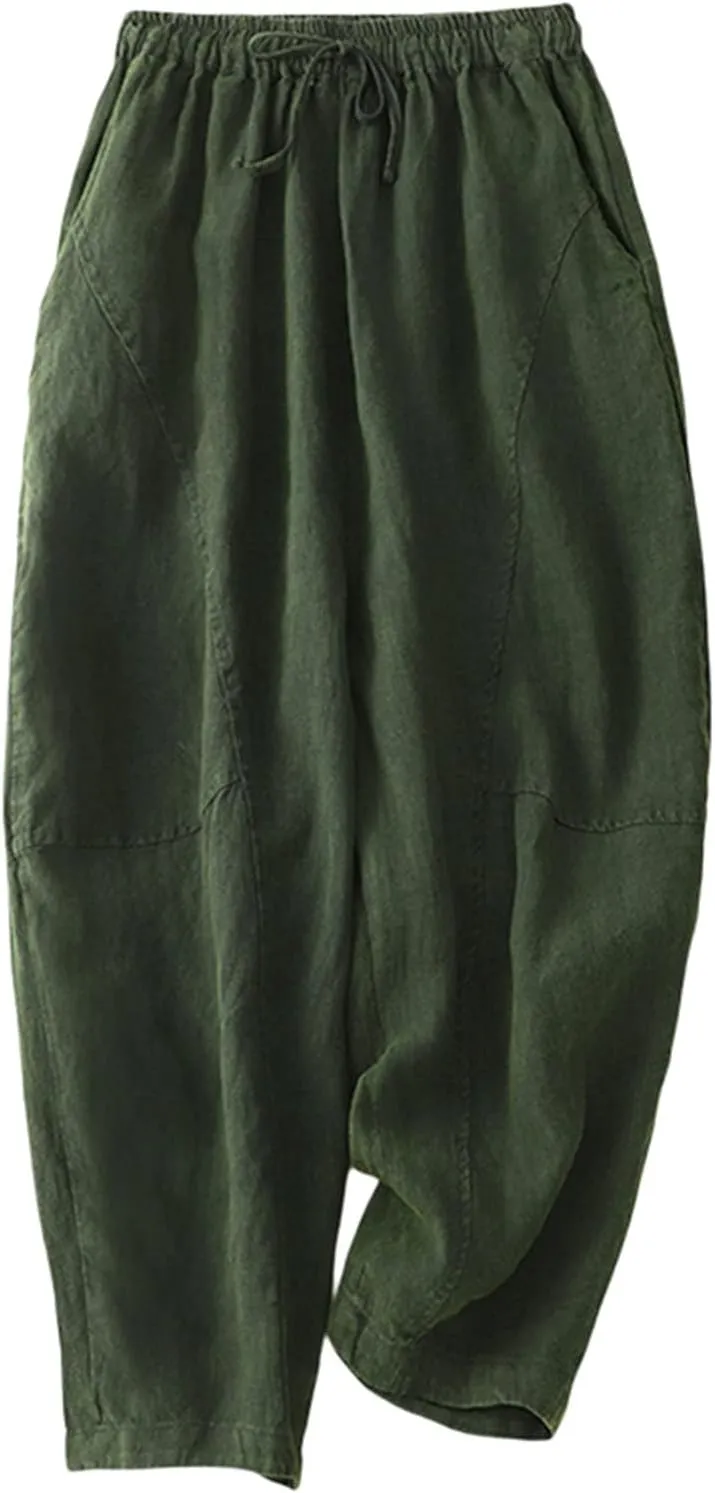 2025 Trendy Women's Embroidered Linen Pants - Solid Color Elastic Waist Casual Long Trousers with Floral Pattern