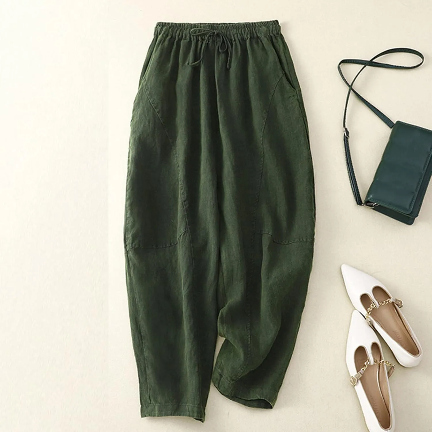 2025 Trendy Women's Embroidered Linen Pants - Solid Color Elastic Waist Casual Long Trousers with Floral Pattern