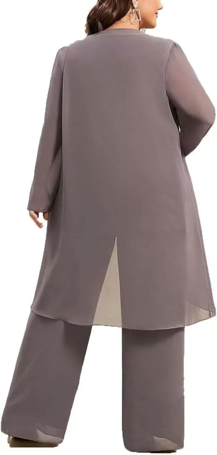 3 Pieces Chiffon Mother of The Bride Pant Suits Plus Size for Women Wedding Formal Outfit Set Evening Gown