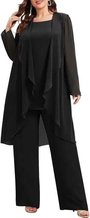 3 Pieces Chiffon Mother of The Bride Pant Suits Plus Size for Women Wedding Formal Outfit Set Evening Gown
