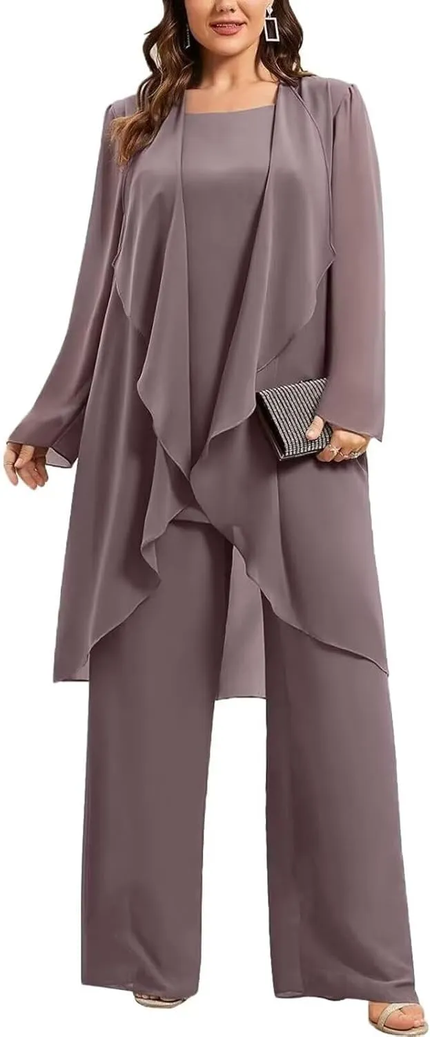 3 Pieces Chiffon Mother of The Bride Pant Suits Plus Size for Women Wedding Formal Outfit Set Evening Gown