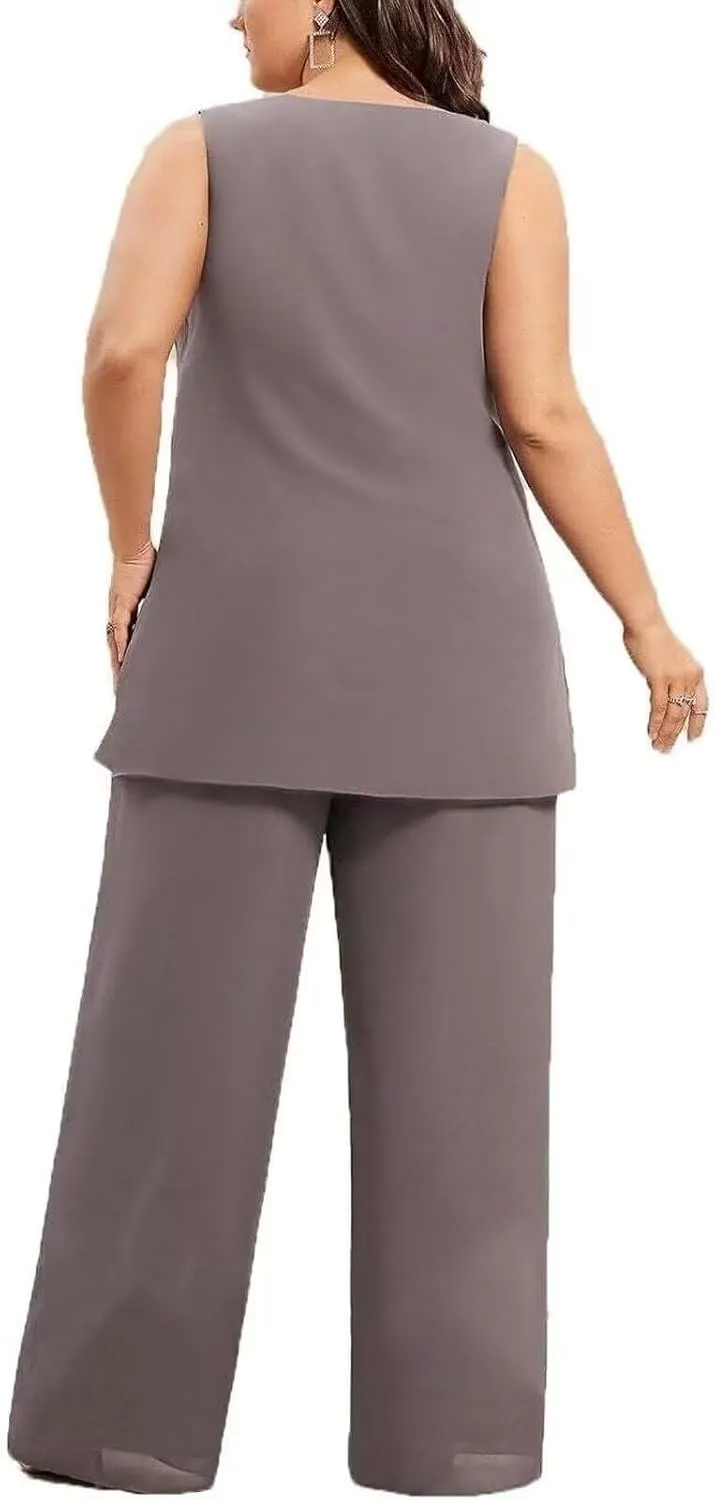 3 Pieces Chiffon Mother of The Bride Pant Suits Plus Size for Women Wedding Formal Outfit Set Evening Gown