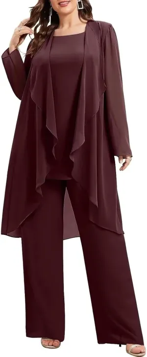 3 Pieces Chiffon Mother of The Bride Pant Suits Plus Size for Women Wedding Formal Outfit Set Evening Gown