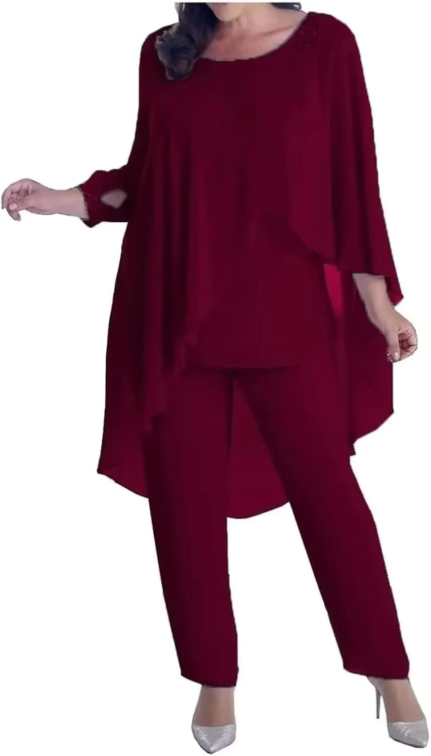 3 Pieces Mother of The Bride Dresses Pant Suits for Wedding with Beaded 3/4 Sleeve Cloak Evening Gowns 2023