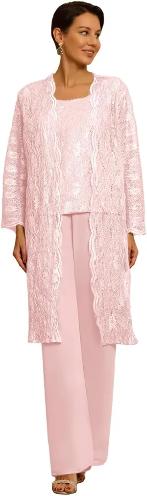 3 Pieces Mother of The Bride Pant Suits for Wedding with Jacket Chiffon Petite Wedding Pantsuits for Women 2025