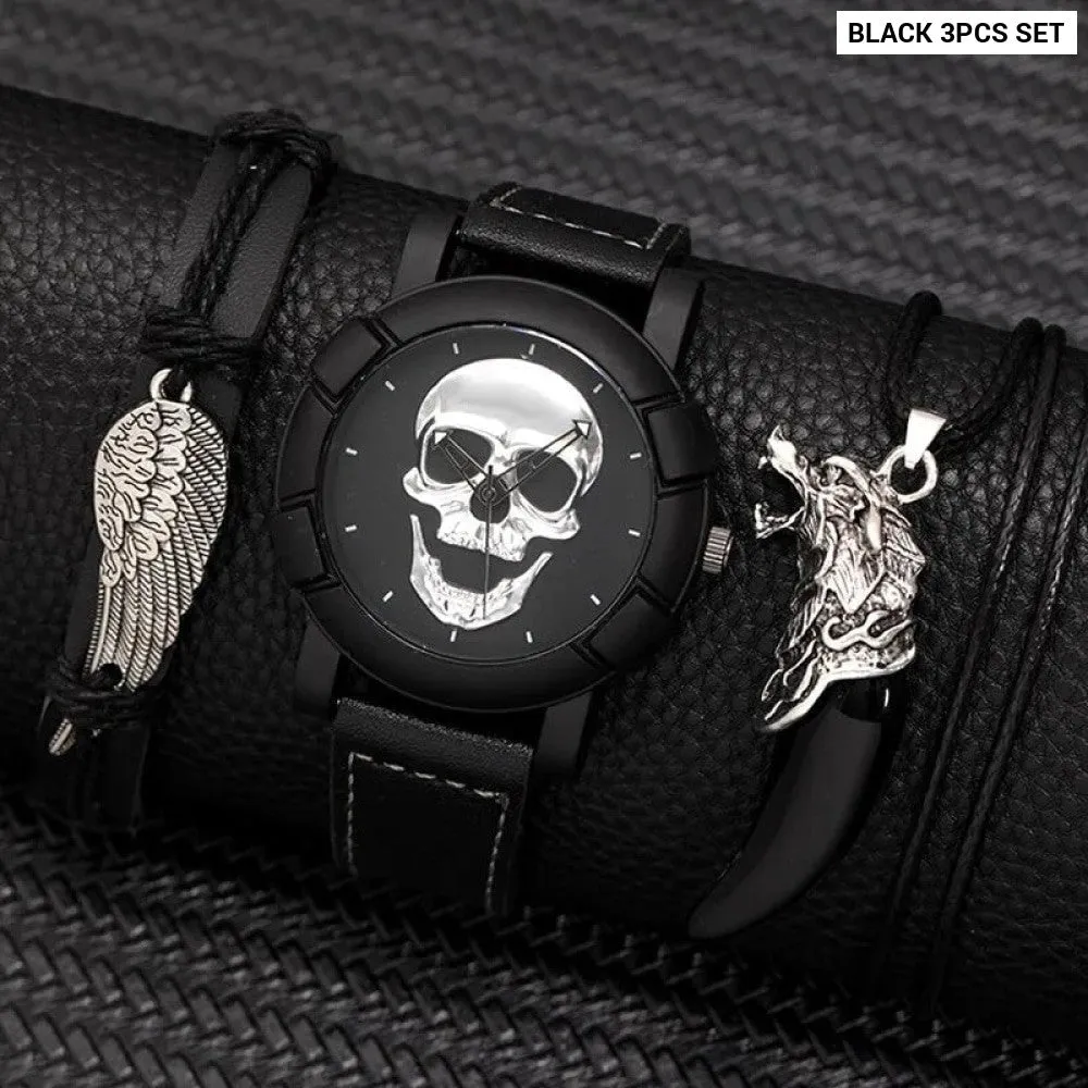 3pcs Set Fashion Mens Skull Watches Classic Men Business Leather Quartz Watch Male Cool Black Necklace Bracelet Wristwatch