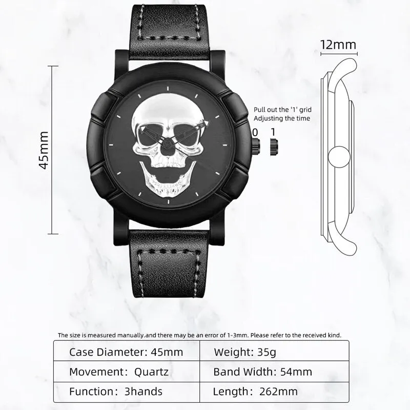3pcs Set Fashion Mens Skull Watches Classic Men Business Leather Quartz Watch Male Cool Black Necklace Bracelet Wristwatch