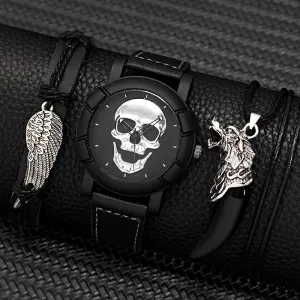 3pcs Set Fashion Mens Skull Watches Classic Men Business Leather Quartz Watch Male Cool Black Necklace Bracelet Wristwatch
