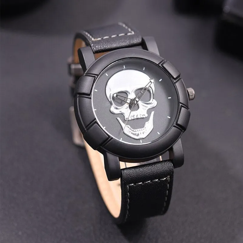 3pcs Set Fashion Mens Skull Watches Classic Men Business Leather Quartz Watch Male Cool Black Necklace Bracelet Wristwatch