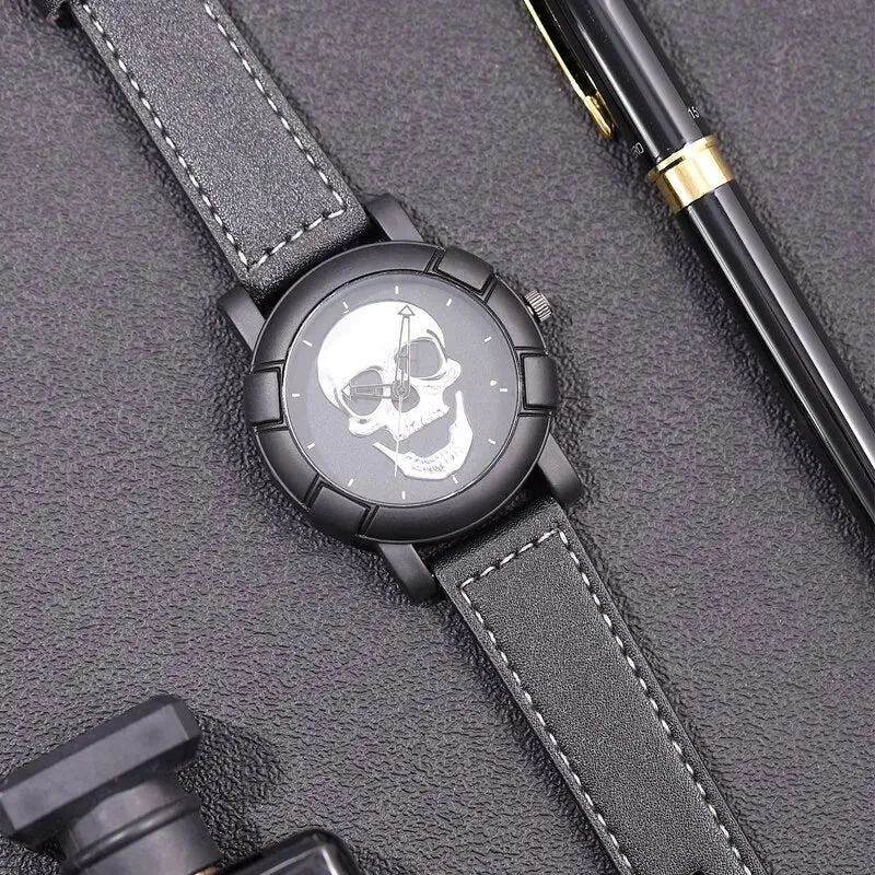 3pcs Set Fashion Mens Skull Watches Classic Men Business Leather Quartz Watch Male Cool Black Necklace Bracelet Wristwatch