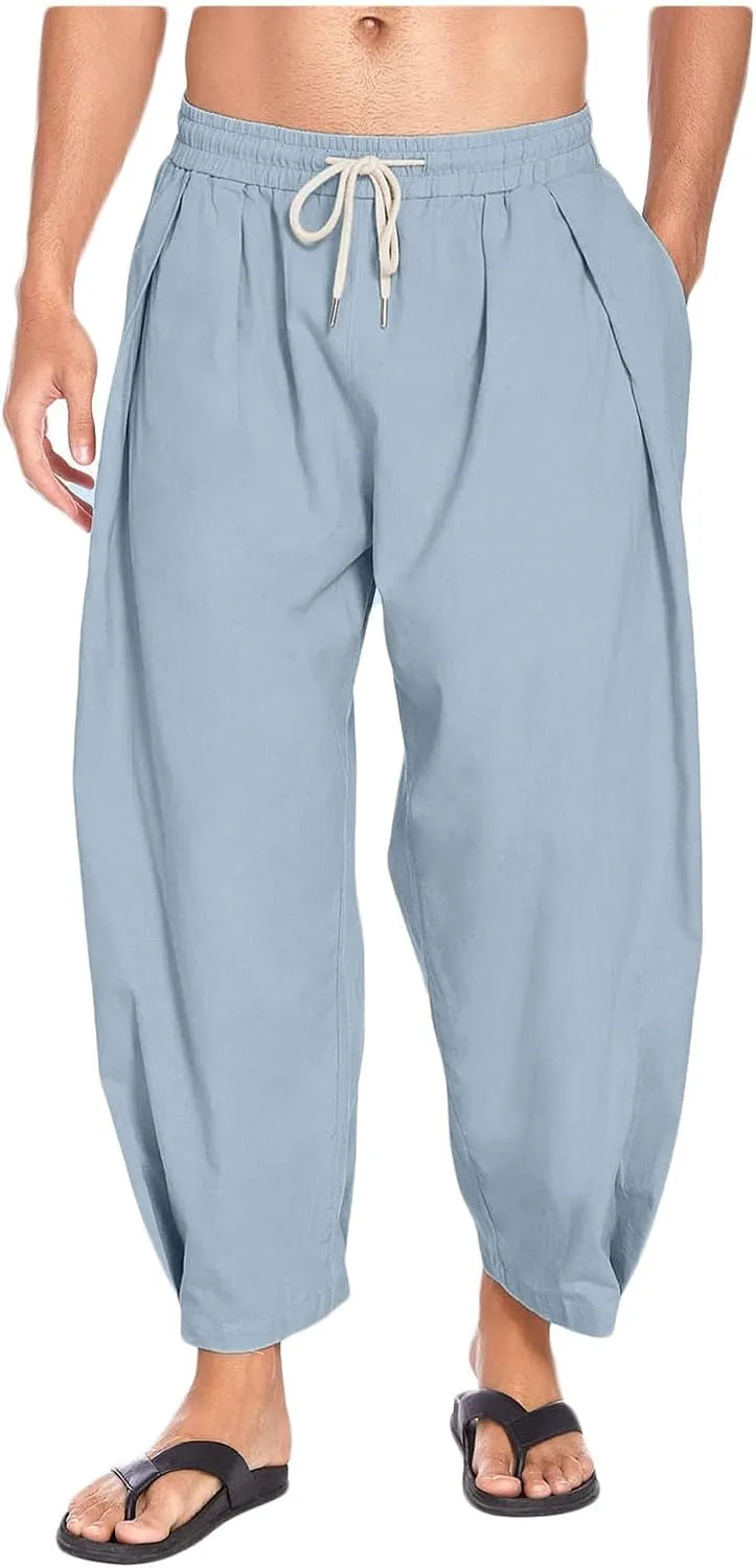 AAPAH Spring Summer Men Linen Harem Pants Streetwear Loose Joggers Causal Male Beach Trousers Yoga
