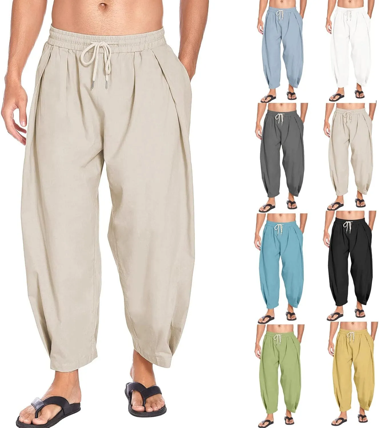 AAPAH Spring Summer Men Linen Harem Pants Streetwear Loose Joggers Causal Male Beach Trousers Yoga