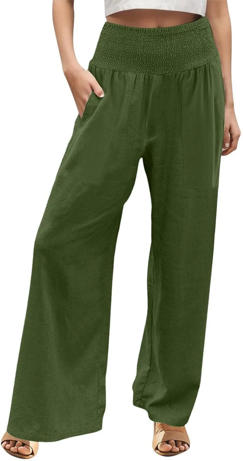 ADHOWBEW Womens Linen Pants 2025 Casual Relaxed Fit Flowy Beach Summer Long Boho Lounge Wide Leg Trousers