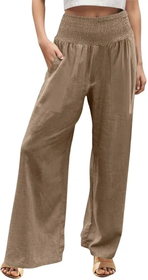 ADHOWBEW Womens Linen Pants 2025 Casual Relaxed Fit Flowy Beach Summer Long Boho Lounge Wide Leg Trousers
