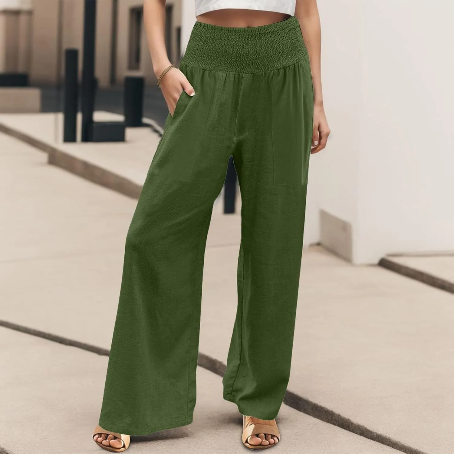 ADHOWBEW Womens Linen Pants 2025 Casual Relaxed Fit Flowy Beach Summer Long Boho Lounge Wide Leg Trousers