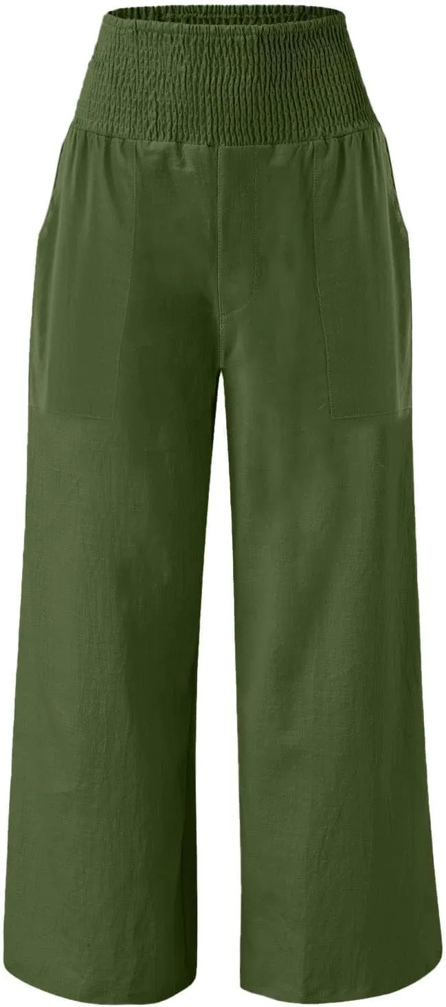 ADHOWBEW Womens Linen Pants 2025 Casual Relaxed Fit Flowy Beach Summer Long Boho Lounge Wide Leg Trousers