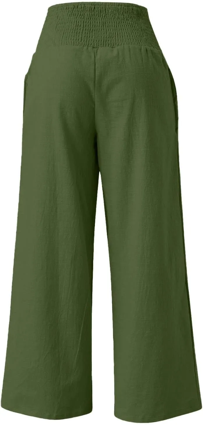 ADHOWBEW Womens Linen Pants 2025 Casual Relaxed Fit Flowy Beach Summer Long Boho Lounge Wide Leg Trousers