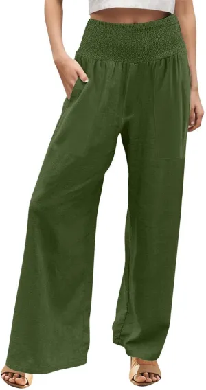 ADHOWBEW Womens Linen Pants 2025 Casual Relaxed Fit Flowy Beach Summer Long Boho Lounge Wide Leg Trousers