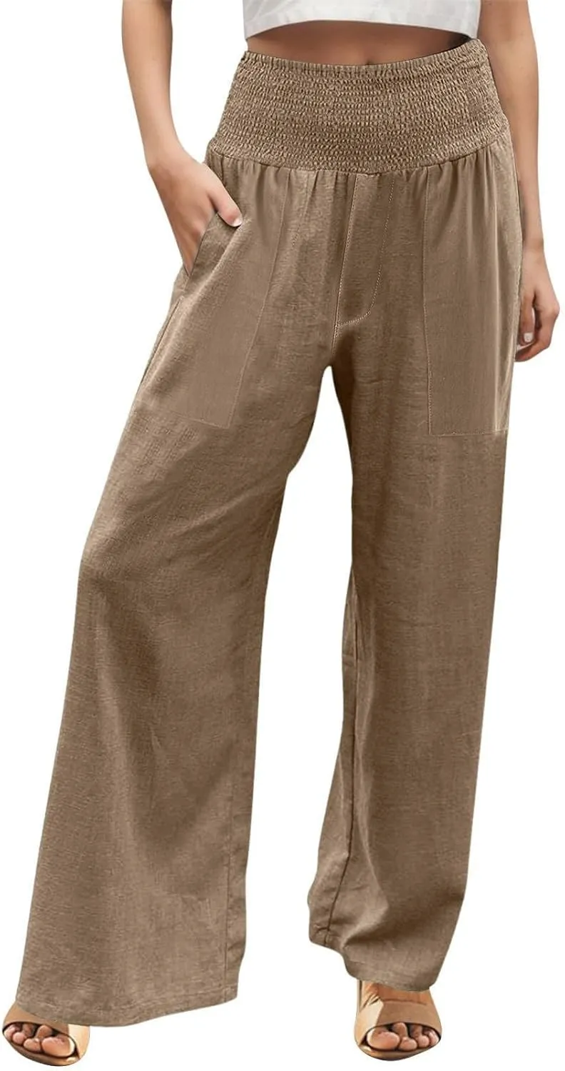 ADHOWBEW Womens Linen Pants 2025 Casual Relaxed Fit Flowy Beach Summer Long Boho Lounge Wide Leg Trousers
