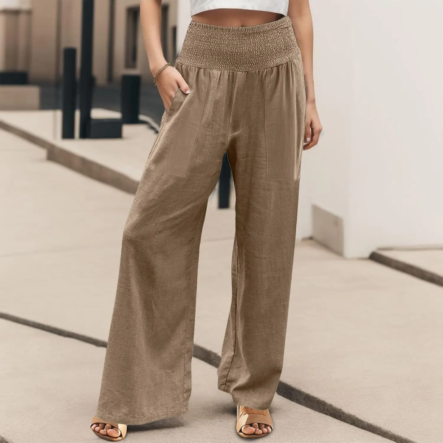 ADHOWBEW Womens Linen Pants 2025 Casual Relaxed Fit Flowy Beach Summer Long Boho Lounge Wide Leg Trousers