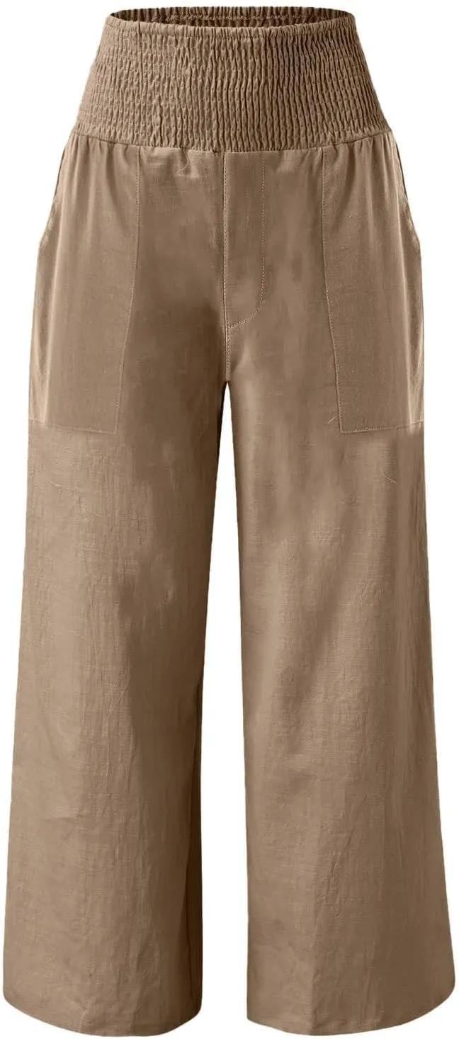 ADHOWBEW Womens Linen Pants 2025 Casual Relaxed Fit Flowy Beach Summer Long Boho Lounge Wide Leg Trousers