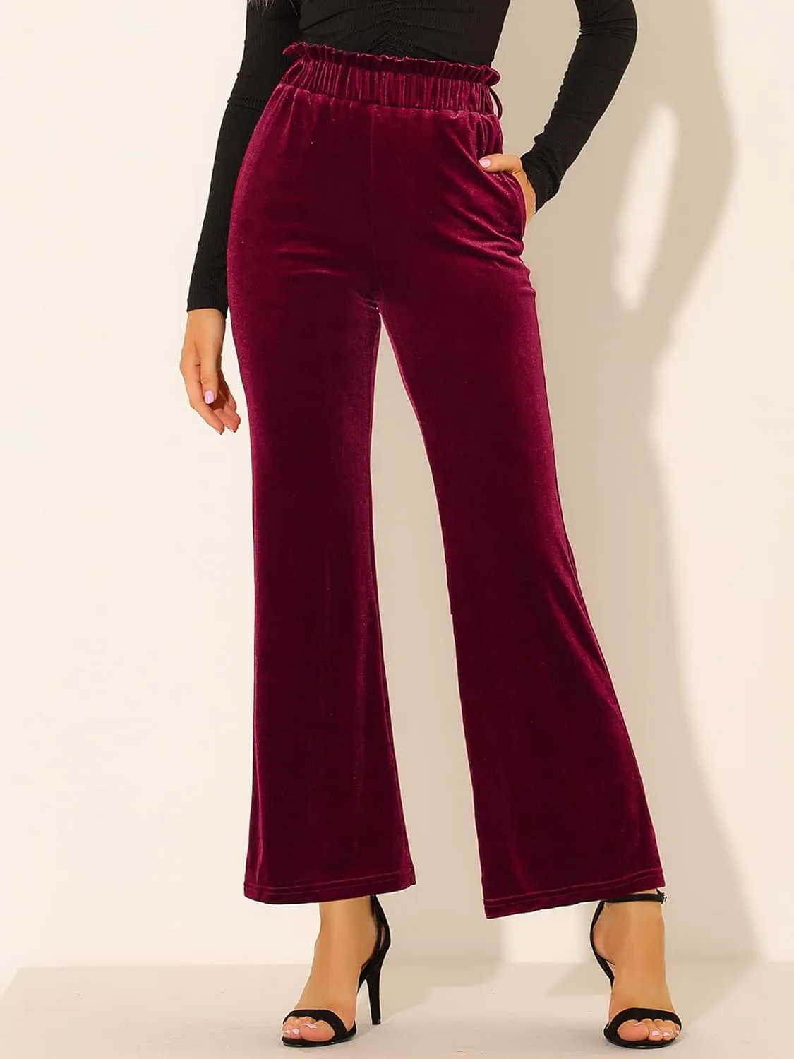 Allegra K Women's Velvet Pants Halloween Tie Waist Stretchy Wide Leg Pants with Pockets