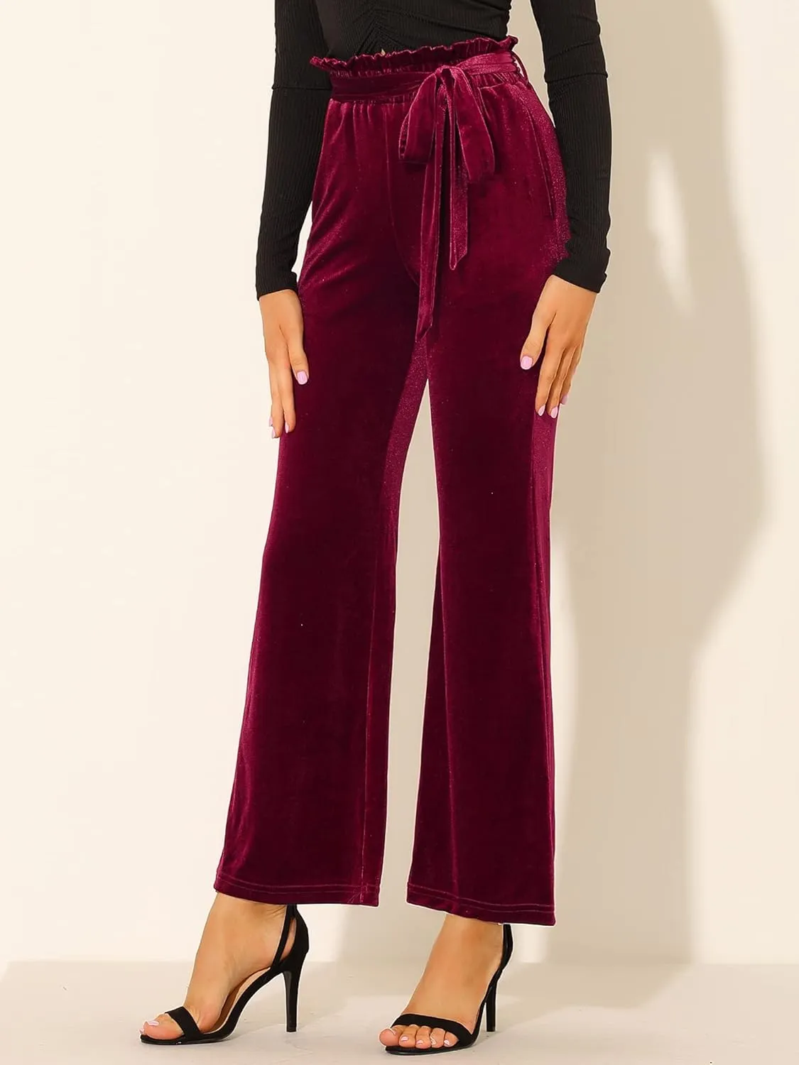 Allegra K Women's Velvet Pants Halloween Tie Waist Stretchy Wide Leg Pants with Pockets