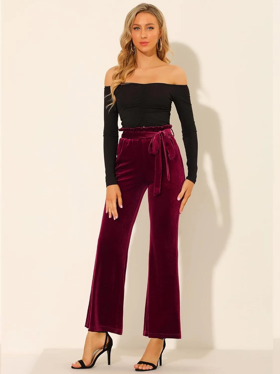 Allegra K Women's Velvet Pants Halloween Tie Waist Stretchy Wide Leg Pants with Pockets