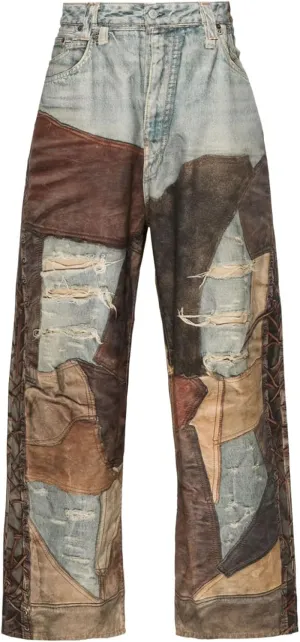 Angsuttc Womens Pants Patchwork Faux Jean Print Style Vintage Wide Leg Trendy Pant with Pockets Brown M