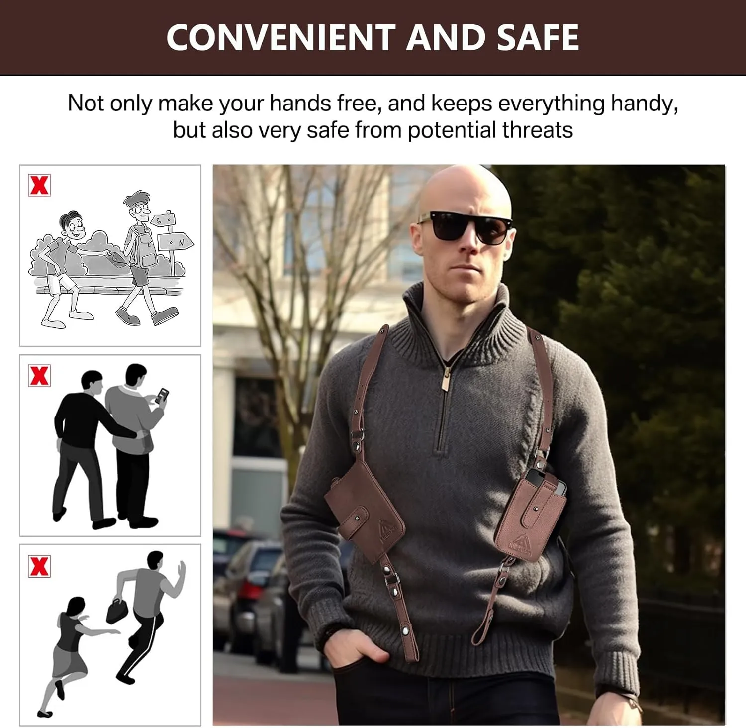 Anti-Theft Hidden Underarm Strap Wallet Phone Holster Bag Leisure PU Leather Shoulder Pouch Double Shoulder Pocket Sport Vest Outdoors (Coffee)