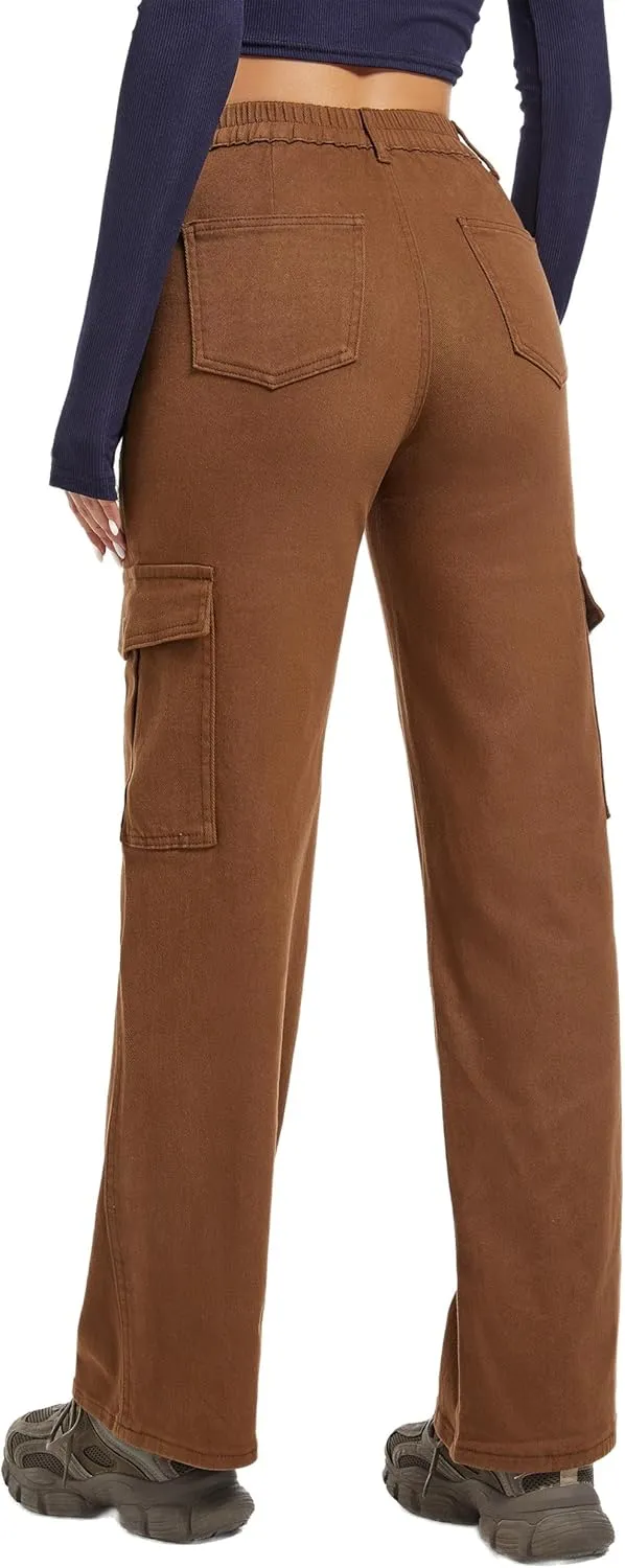 Aodrusa Brown Pants for Women High Waisted Stretch Straight Leg Cargo Pants with Pockets Trendy Trousers