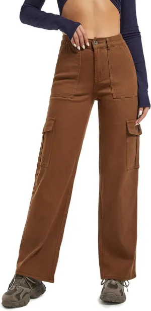 Aodrusa Brown Pants for Women High Waisted Stretch Straight Leg Cargo Pants with Pockets Trendy Trousers