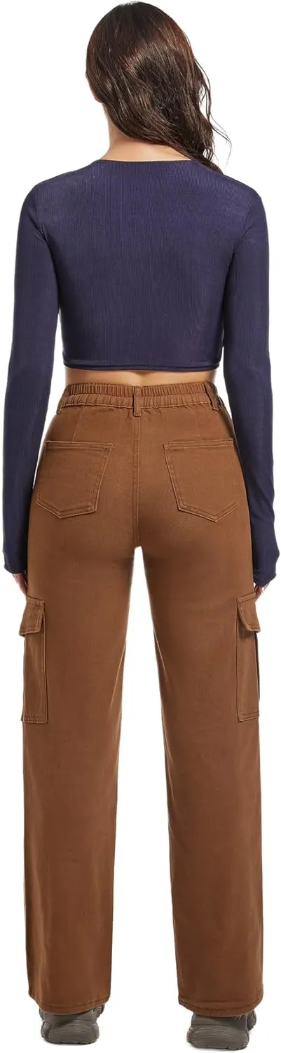 Aodrusa Brown Pants for Women High Waisted Stretch Straight Leg Cargo Pants with Pockets Trendy Trousers