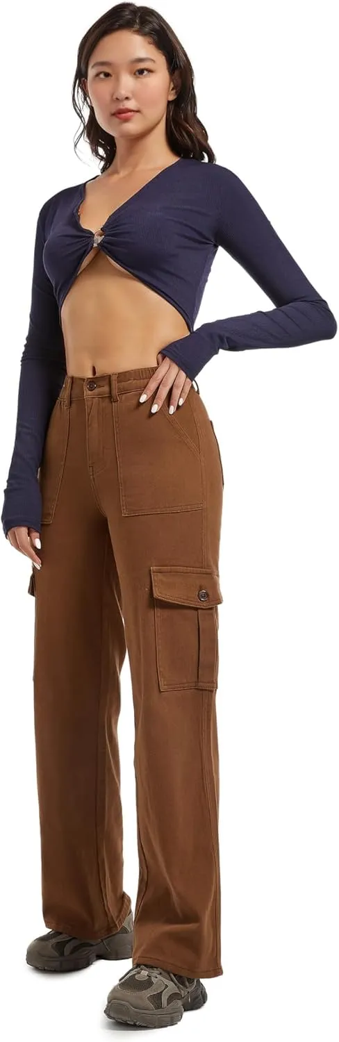 Aodrusa Brown Pants for Women High Waisted Stretch Straight Leg Cargo Pants with Pockets Trendy Trousers