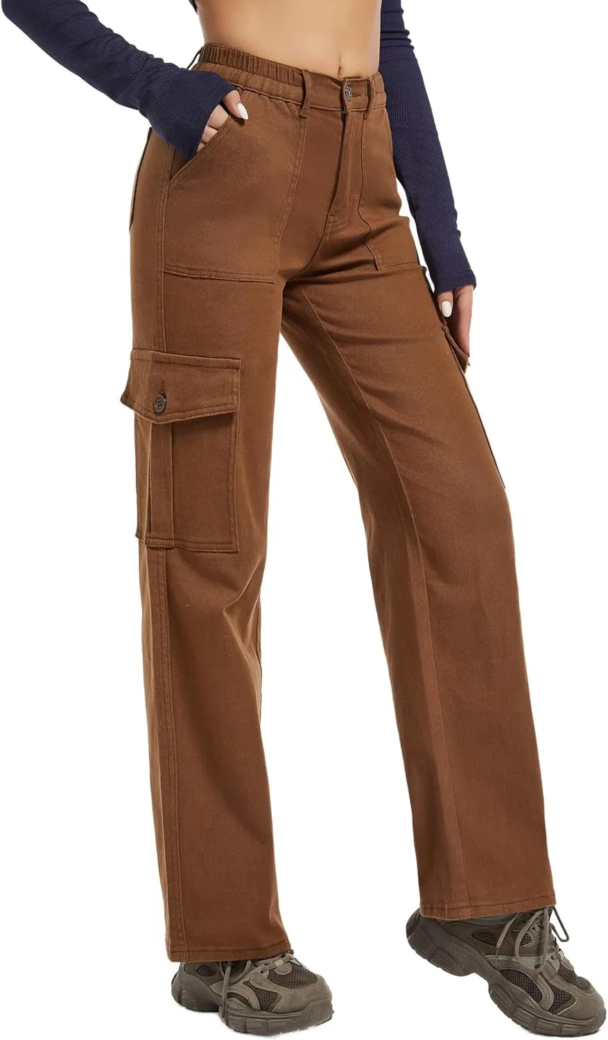 Aodrusa Brown Pants for Women High Waisted Stretch Straight Leg Cargo Pants with Pockets Trendy Trousers