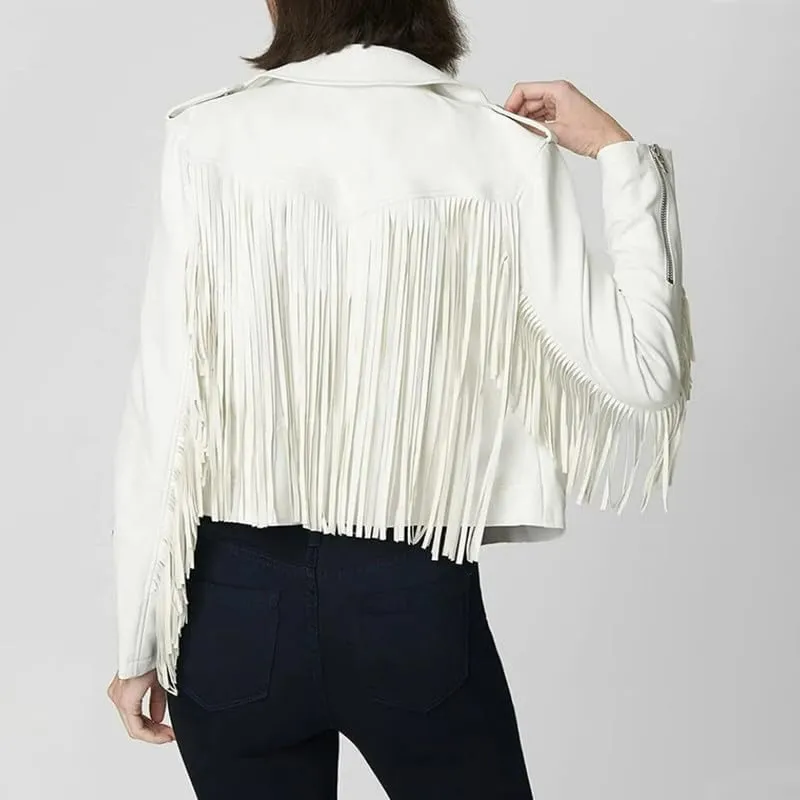 ATIKI Womens White Genuine Lambskin Tassel Native American Western Casual Classic SlimFit Style Fringe Leather Jacket