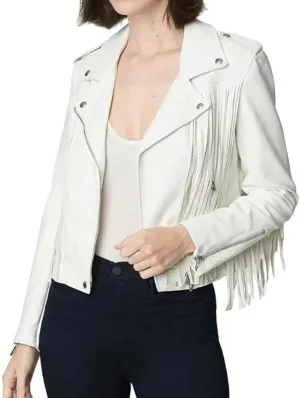 ATIKI Womens White Genuine Lambskin Tassel Native American Western Casual Classic SlimFit Style Fringe Leather Jacket
